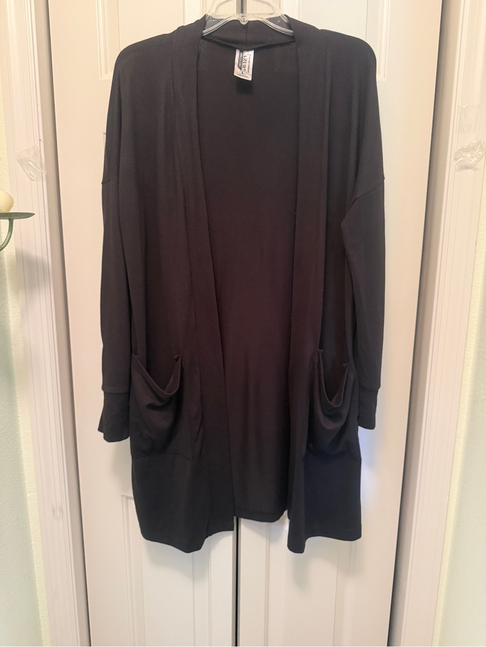 Open-Front Black Long Lightweight Cardigan with Pockets & Thumbhole Sleeves